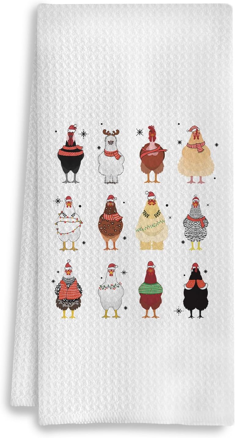 COWEB Chicken Christmas Kitchen Towels, Chicken Gifts for Women Chicken Lovers, Chicken Mom Lady Gifts, Chicken Dish Towels, Christmas Tea Towels, Funny Chicken Decorative Hand Towels, 16x24 Inch - Image 1